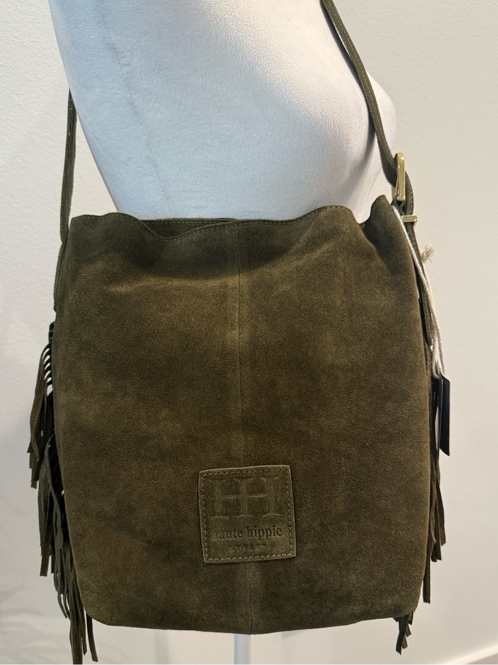 Haute Hippie Suede Fringe Olive Green Bucket Shoulder Bag Purse NWT